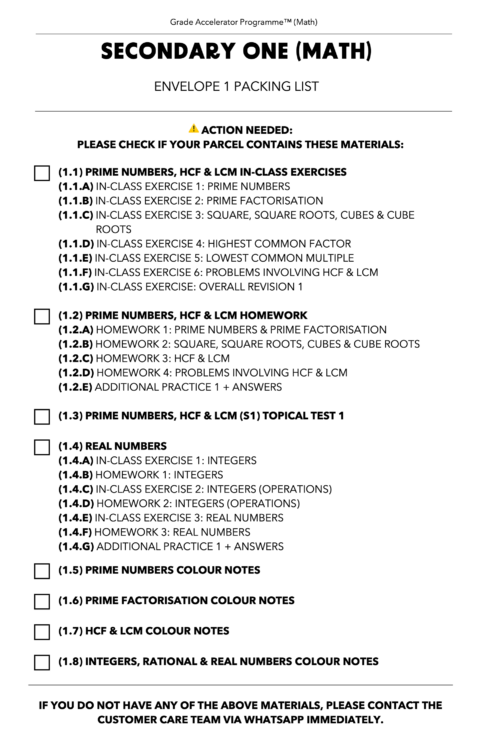 [2024] [S1 Mathematics GAP] Materials Packing List - The Pi Lab